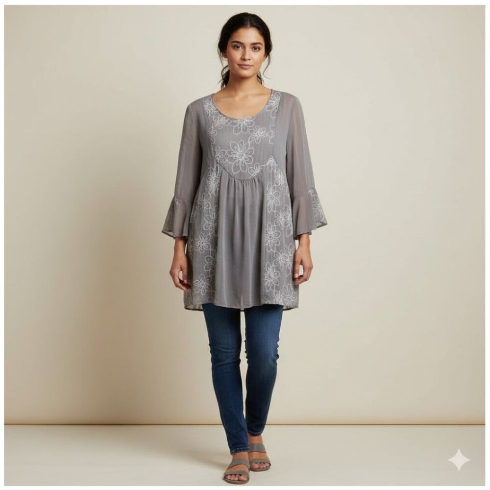 CALSTYLE Gray Floral Embroidered Crepe Bell Sleeve Tunic Women XL